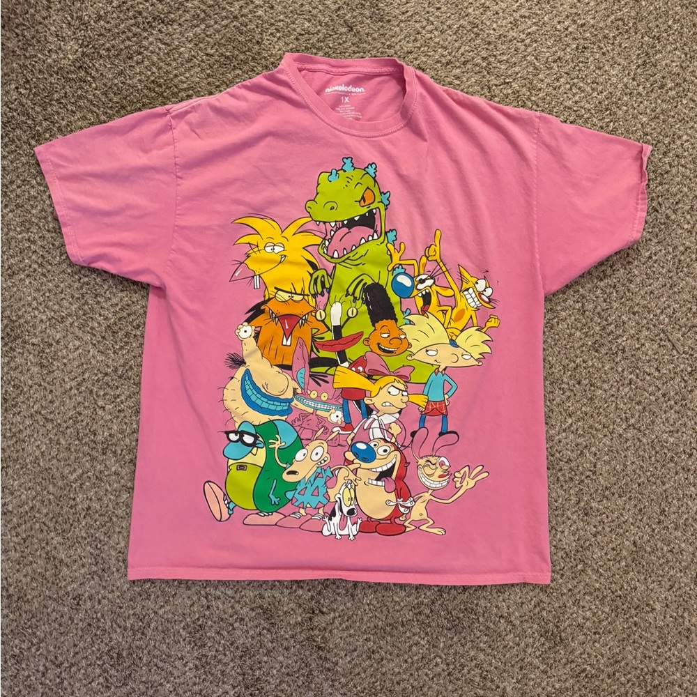Pink Graphic T-Shirt with 90s Nickelodeon Cartoon Characters
